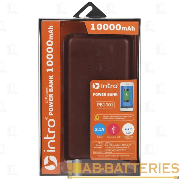 Внешний аккумулятор Intro PB1001 10000mAh 2.1A 2USB коричневый (1/19)