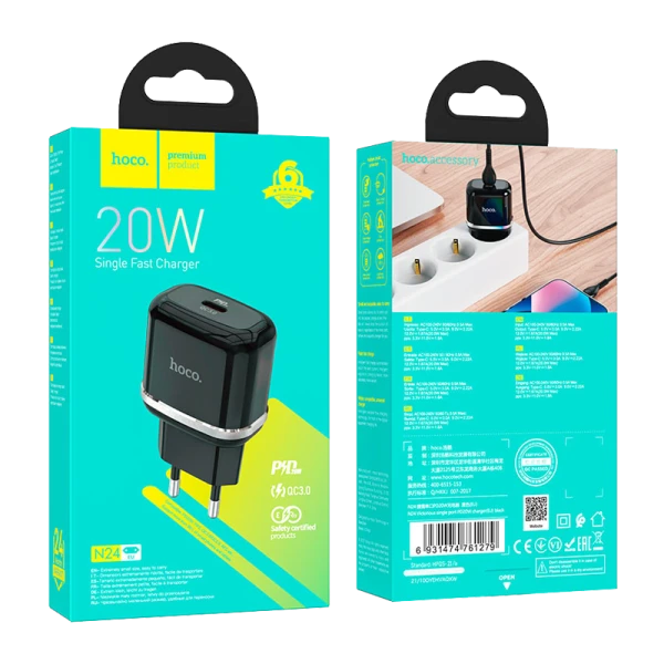 Сетевое З/У HOCO N24 Type-C 20W PD3.0 черный (1/12/120)