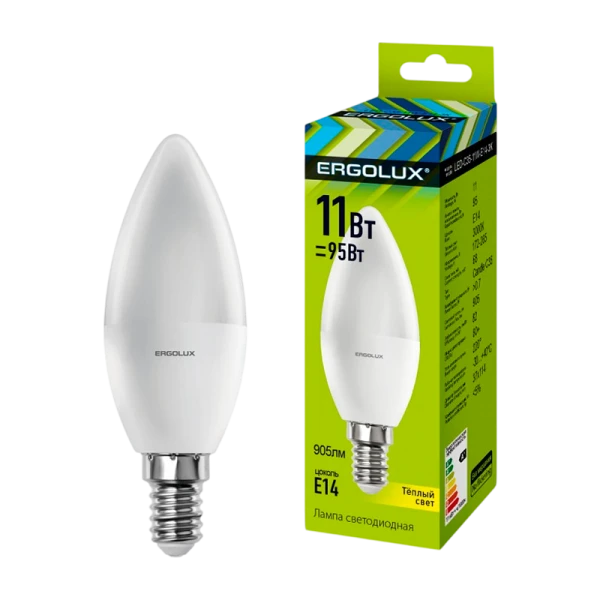 Лампа светодиодная Ergolux C35 E14 11W 3000К 172-265V свеча (1/10/100)