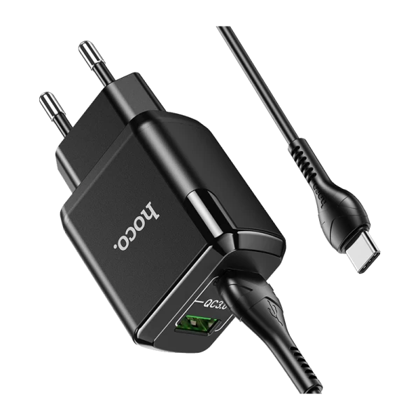 Сетевое З/У HOCO N6 2USB 3.0A QC3.0 с кабелем Type-C черный (1/12/120)