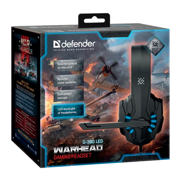 Наушники полноразмерные Defender G-390 Warhead с микр. игровые LED черный синий (1/20)