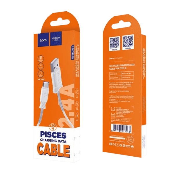 Кабель HOCO X24 USB (m)-Type-C (m) 1.0м 2.4A TPE белый (1/31/310)
