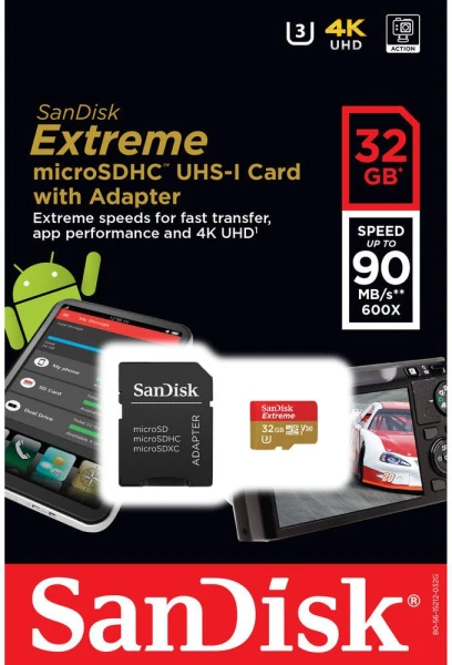 Карта памяти microSD SanDisk EXTREME 32GB Class10 UHS-I (U3) 80 МБ/сек с адаптером