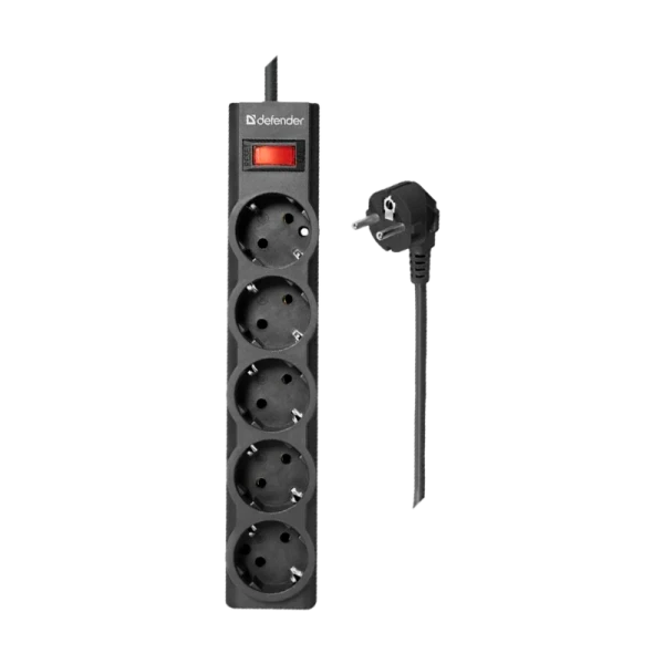 Сетевой фильтр Defender ES largo 5р.С/З 10A с выкл. 125 Дж 5.0м черный (1/30)