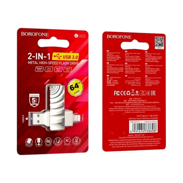 Флеш-накопитель Borofone Soul BUD3 64GB USB3.0 Type-C (m) металл серый (1/25)