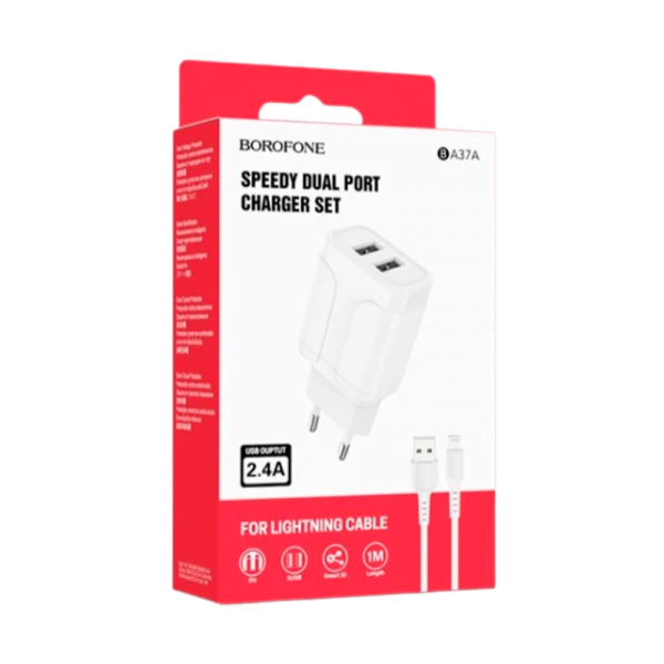 Сетевое З/У Borofone BA37A 2USB 2.4A с кабелем Lightning белый (1/28/112)