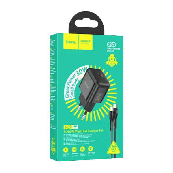 Сетевое З/У HOCO N32 Type-C 30W PD3.0 с кабелем Type-C-Lightning черный (1/13/130)