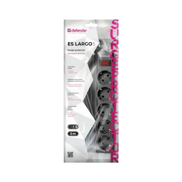 Сетевой фильтр Defender ES largo 5р.С/З 10A с выкл. 125 Дж 5.0м черный (1/30)