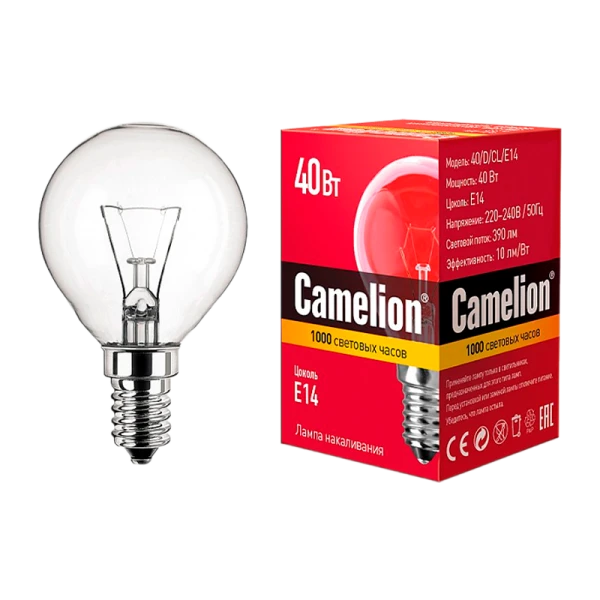 Лампа накаливания Camelion E14 40W 220V шар прозрачная (1/100)