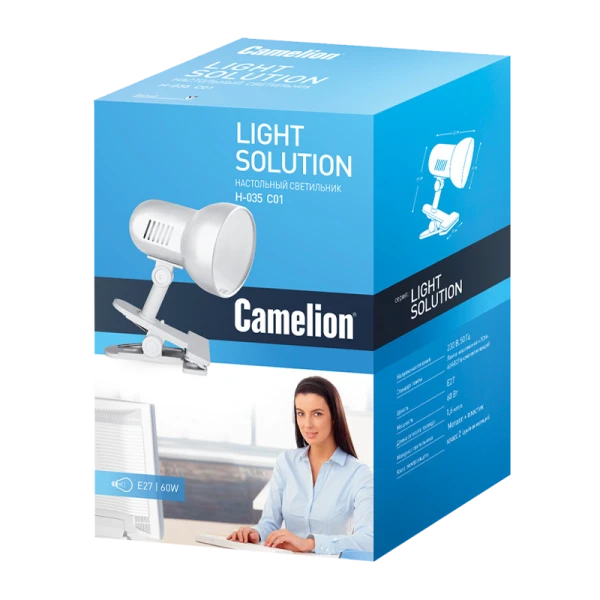 Светильник настольный Camelion H-035 60W 220V E27 прищепка белый (1/12)