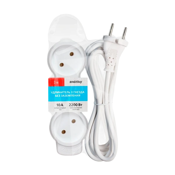 Удлинитель Smartbuy NEW 3р.Б/З 10A 3.0м ПВС 2x1мм² белый (1/50)