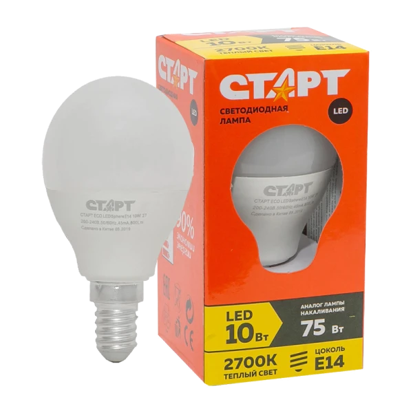 Лампа светодиодная Старт G47 E14 10W 4000К 220V шар Eco матовая (1/10/100)
