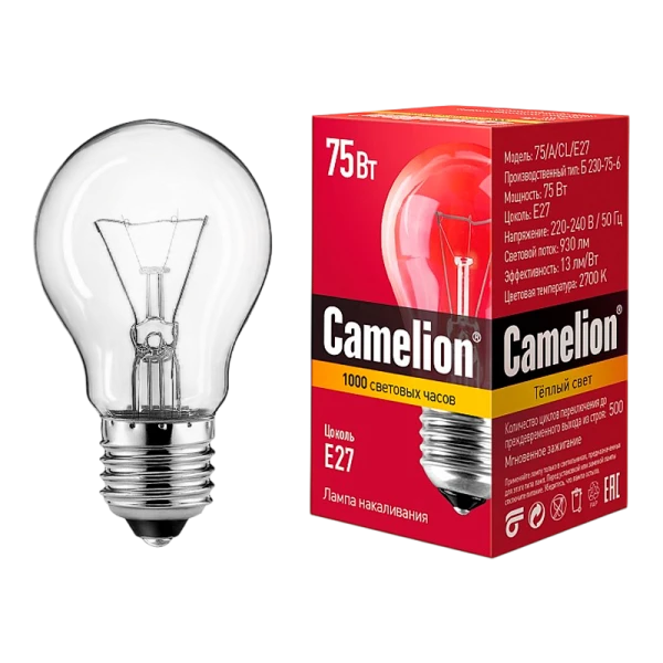 Лампа накаливания Camelion E27 75W 220V груша прозрачная (1/100)