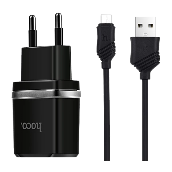Сетевое З/У HOCO C12 2USB 2.4A с кабелем microUSB черный (1/10/100)