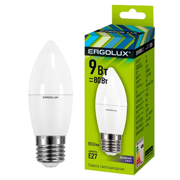Лампа светодиодная Ergolux C35 E27 9W 6500К 172-265V свеча (1/10/100)