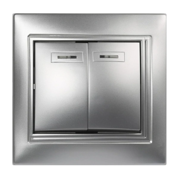 Выключатель Smartbuy 2-клавишный с индикатором 10А серебро, "Венера"