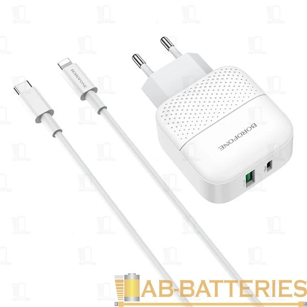 Сетевое З/У Borofone BA46A 1USB/Type-C 3.0A 18W QC3.0 с кабелем Type-C-Lightning белый (1/32/128)