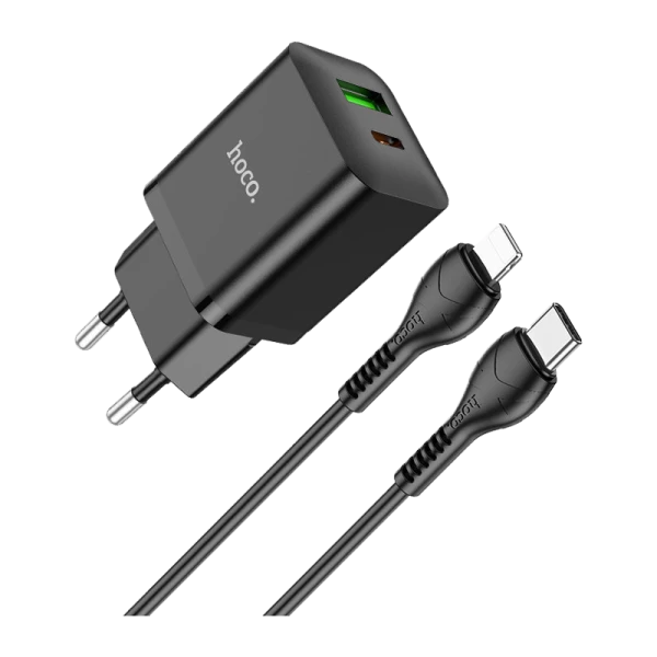 Сетевое З/У HOCO N28 1USB/Type-C 20W с кабелем Type-C-Lightning черный (1/13/130)