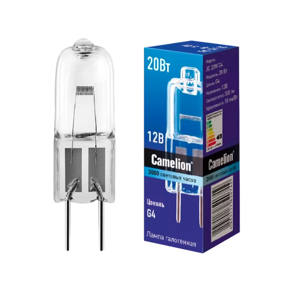 Лампа галогенная Camelion JC G4 20W 2800К 12V капсула прозрачная (1/5/100)