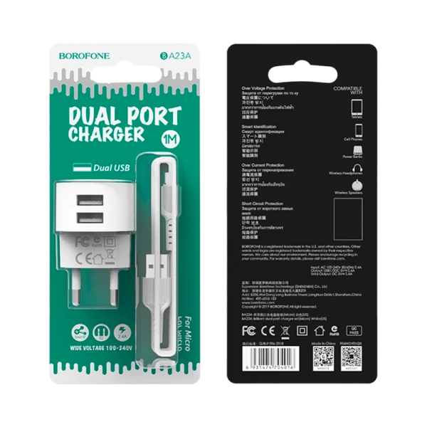 Сетевое З/У Borofone BA23A 2USB 2.4A с кабелем microUSB белый (1/36/144)