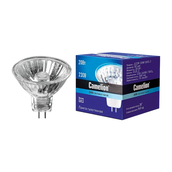 Лампа галогенная Camelion MR16 GU5.3 20W 2800К 220-240V софит 50мм прозрачная (1/10/200)