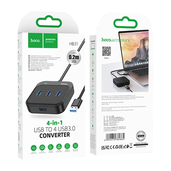 USB-Хаб HOCO HB31 4USB Type-C (m) USB3.0 0.2м черный (1/19/190)