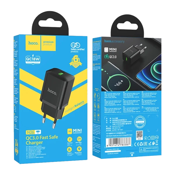 Сетевое З/У HOCO N26 1USB 18W QC3.0 черный (1/13/130)