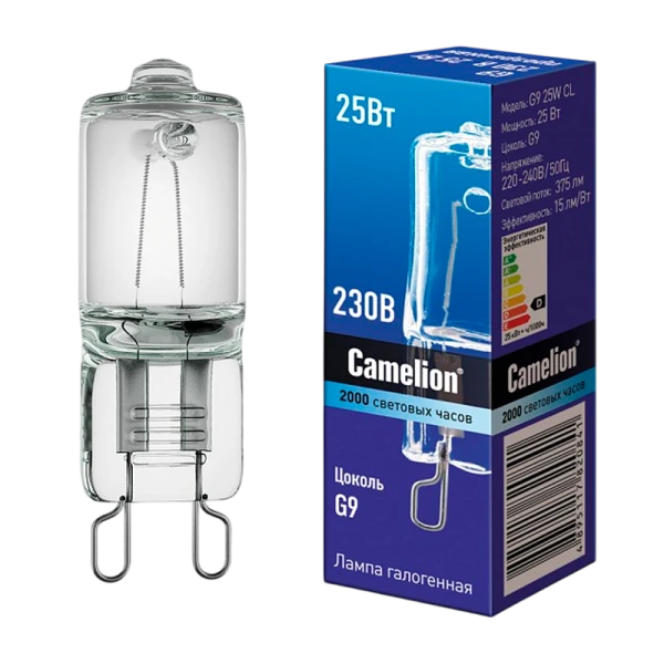 Лампа галогенная Camelion G9 25W 2800К 220-240V капсула прозрачная (1/5/100)
