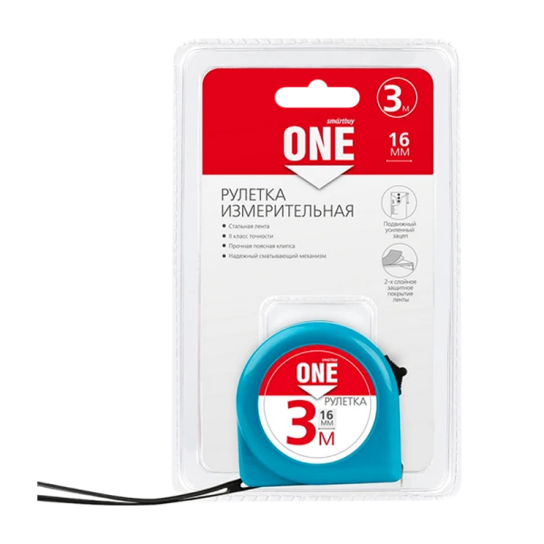 Рулетка измерительная Smartbuy ONE Tools 3м*16мм пластик фиксатор голубой (1/96)