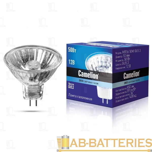 Лампа галогенная Camelion MR16 GU5.3 7W 4200К 12V софит 50мм прозрачная
