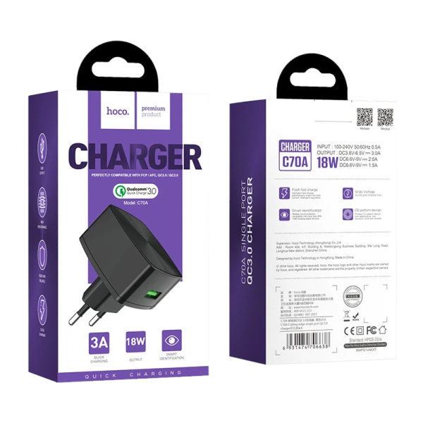 Сетевое З/У HOCO C70A 1USB 3.0A QC3.0 черный (1/72)