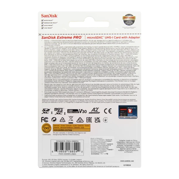 Карта памяти microSD SanDisk Extreme Pro 256GB Class10 A2 UHS-I (U3) 200 МБ/сек CN (Китай) с адаптер