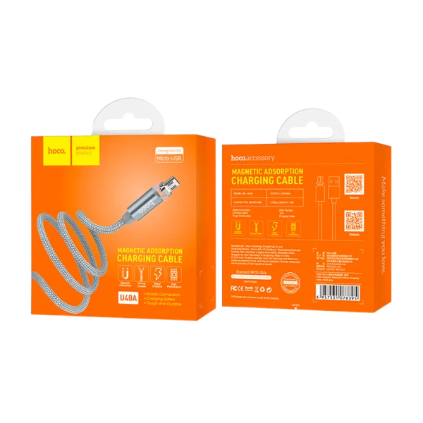 Кабель HOCO U40A USB (m)-microUSB (m) 1.0м 2.0A нейлон магнит серый (1/28/168)
