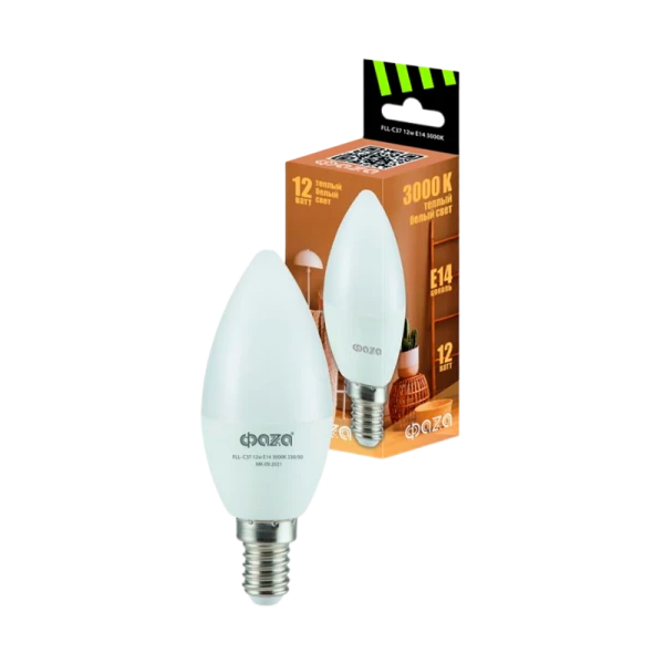 *Лампа светодиодная Фаzа C37 E14 12W 3000К 220-240V свеча (1/10/100) 