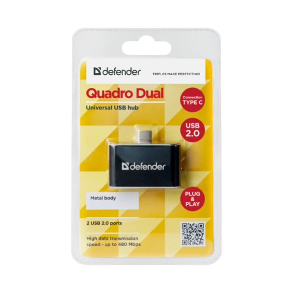 Переходник Defender Quadro Dual Type-C (m)-2xUSB (f) пластик черный (1/100)