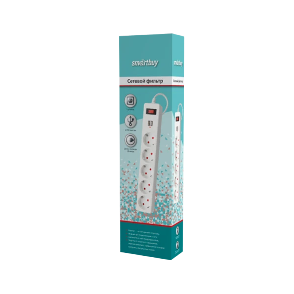 Сетевой фильтр Smartbuy SBSP 5р.С/З 10A USB со шторкой 1.8м белый (1/45)
