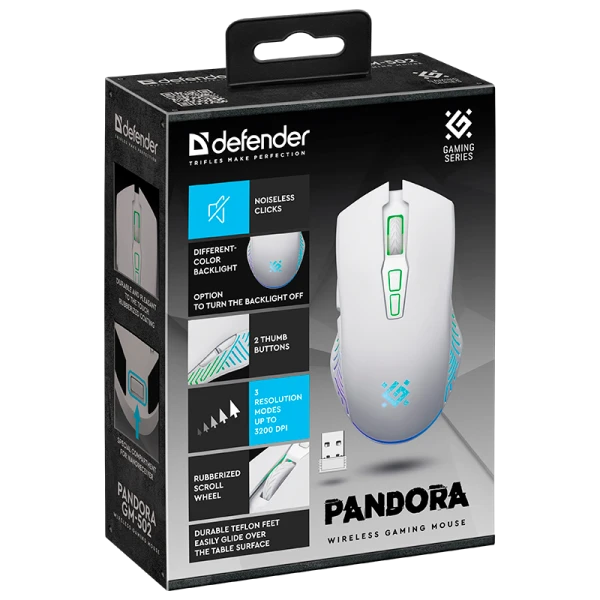 Беспроводная игровая мышь Pandora GM-502 белая,7кнопок,3200dpi,500мАч DEFENDER