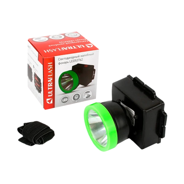 Фонарь налобный Ultraflash LED53762 0.5W 1LED от батареек черный зеленый (1/200)
