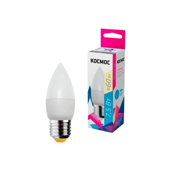 *Лампа светодиодная Космос CN E27 7.5W 3000К 220V свеча матовая (1/10/80) 
