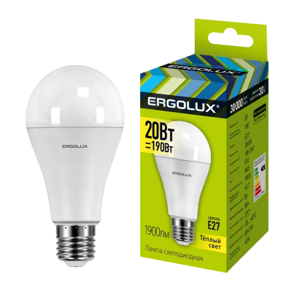Лампа светодиодная Ergolux A65 E27 20W 3000К 180-240V груша ЛОН (1/10/100)