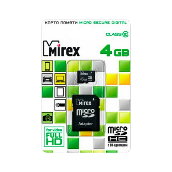 Карта памяти microSD Mirex 4GB Class10 20 МБ/сек с адаптером (1/10)