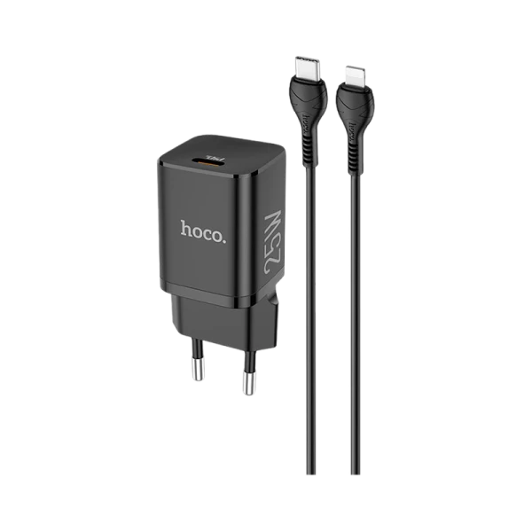 Сетевое З/У HOCO N19 Type-C 25W PD3.0 с кабелем Type-C-Lightning черный (1/12/120)