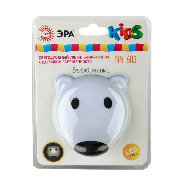 Ночник ЭРА NN-603 1LED 0.5W 220V в розетку с фотосенсором белый (1/42)