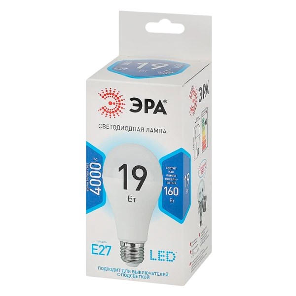 Лампа светодиодная ЭРА A65 E27 19W 4000К 170-265V груша (1/10/100)
