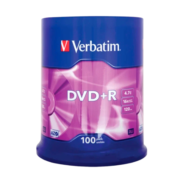 Диск DVD+R Verbatim 4.7GB 16x 100шт. cake box (100/400)