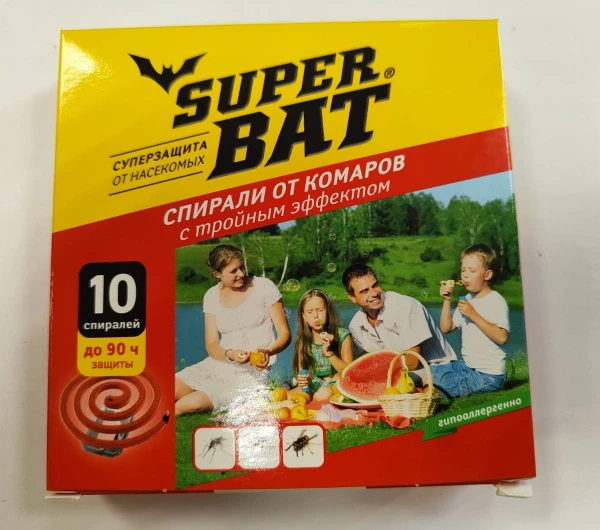 Спирали SuperBAT от комаров, мух, ос тройного действия 15шт. красный (1/60)