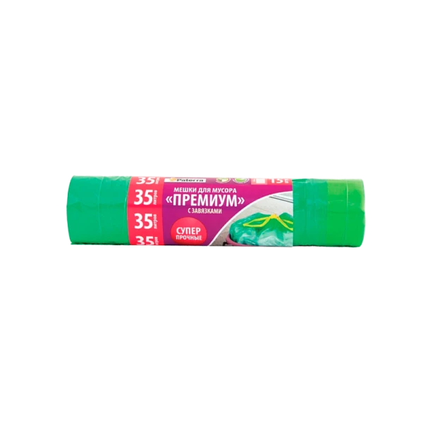 Мешки для мусора PREMIUM, 35 л, с завязками, 23 мкм, зеленые, ПВД, 15 шт. в рулоне, PATERRA (1/30)