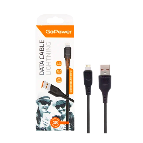 Кабель GoPower GP01L USB (m)-Lightning (m) 1.0м 2.4A ПВХ черный (1/200/800)