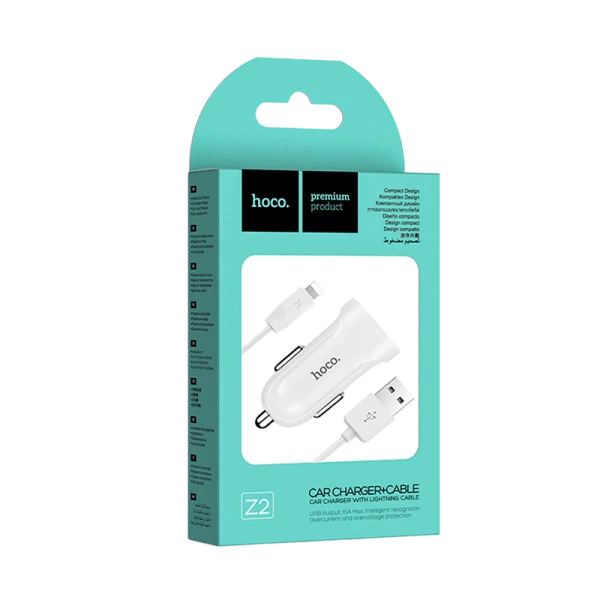 Автомобильное З/У HOCO Z2 1USB 1.5A с кабелем Lightning белый (1/28/280)