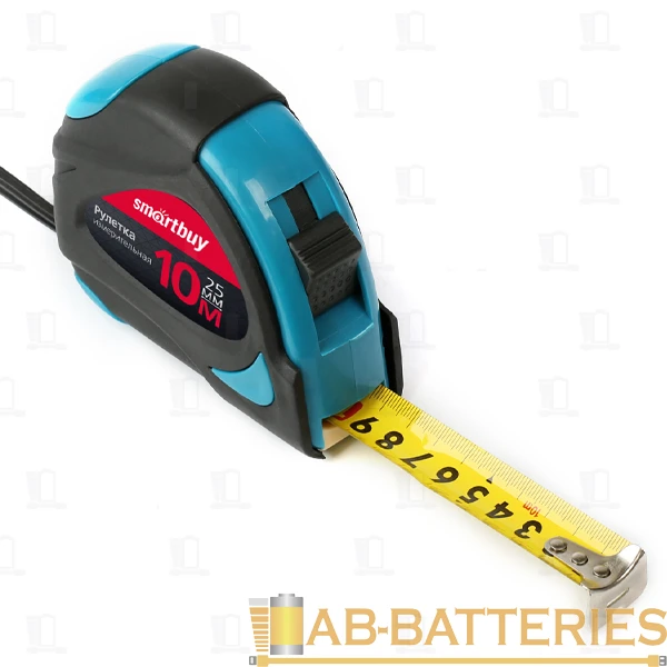 Рулетка измерительная Smartbuy ONE Tools 10м*25мм пластик 2 фиксатора прорезиненная голубой (1/48)